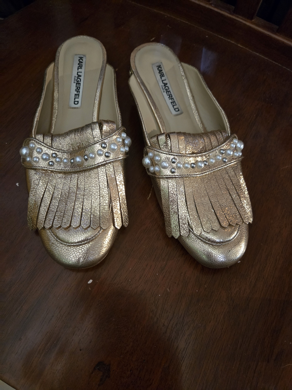 Karl Lagerfeld Metallic Gold Pearl Fringe Slip-On Loafers
